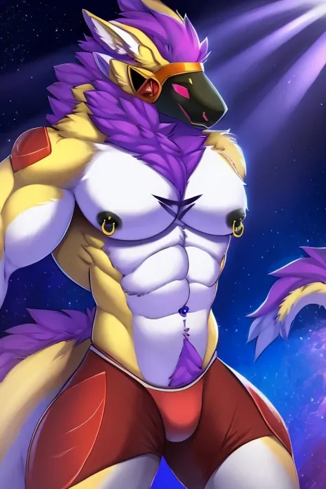 Yellow and purple dragon, muscular, with nipple piercings, red panties, with stars on the body 