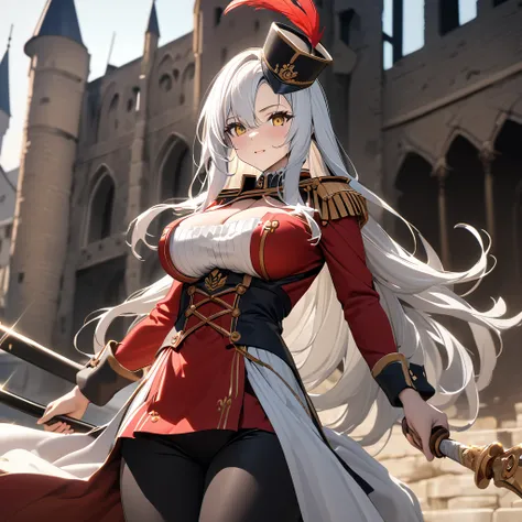 A woman wearing a royal guard uniform, red long-sleeved royal guard jacket, gold shoulder pads, tight black pants, wearing black heels, holding a sword, black royal guard hat, with red feather, white hair, long hair, yellow eyes , big breasts, standing, ou...