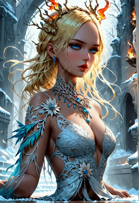 a glamour picture shot, of an elite model covered in fire walking on a icy catwalk, an extraordinary glamourous elite female model, ((full body: 1.5)),  ((anatomically correct: 1.5), (ultra detailed face: 1.2), best detailed face, blond hair, long hair, lu...