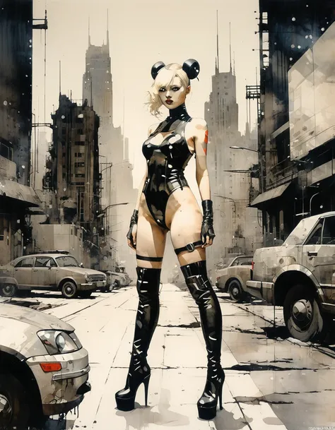 future sexy asian blonde girl with twin-tails in a futuristic city.1.5, rusty metal city, lots of details, cars, buildings, bill...