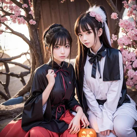 Anime guy and girl in Halloween costumes sitting under sakura