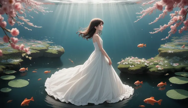 
Heres a detailed prompt you can use to create an AI-generated image of a girl surrounded by koi fish and flowers in Niji anime style:

"A serene scene featuring a young girl wearing a flowing white dress, standing gracefully amidst a pond filled with vibr...