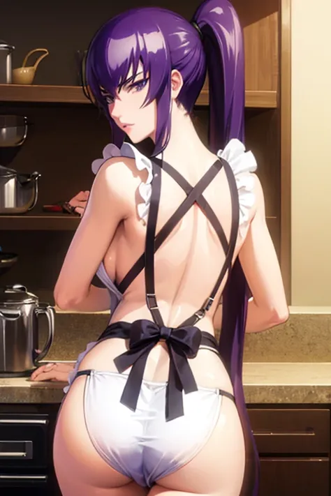 masterpiece, highest quality, saeko busujima face, purple hair, ponytail, liptint, shy, nice tits, nice body, athletic back , plump ass, from behind, looking back, toned, ass, sexy apron, luxury kitchen