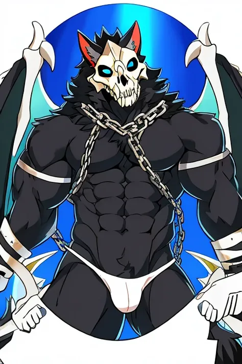 lobo, black fur, muscular, skull mask, with bones in the torso, dragon wings, white panties, with nine tails, with a chain 