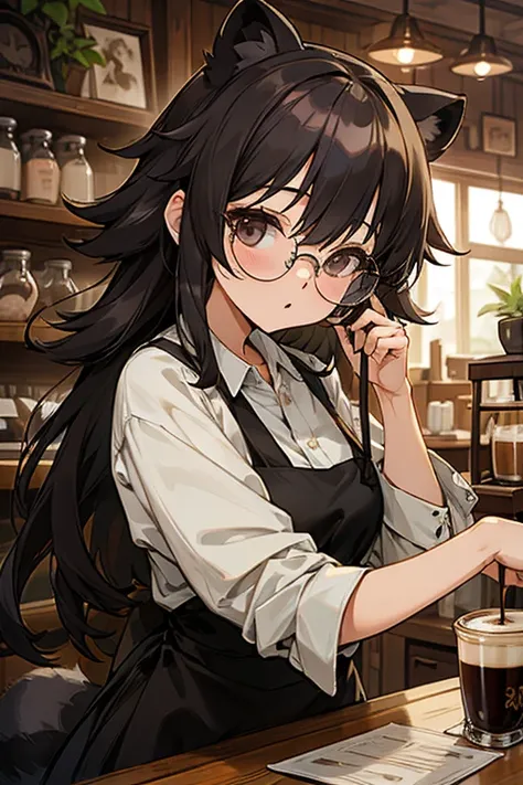 raccoon dog　Adult Woman　Glasses　Personification　Coffee shop owner