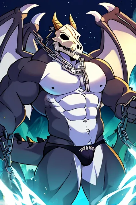 lobo, White fur, muscular, skull mask, with bones in the torso, dragon wings, black panties , with dragon tail, with a chain 