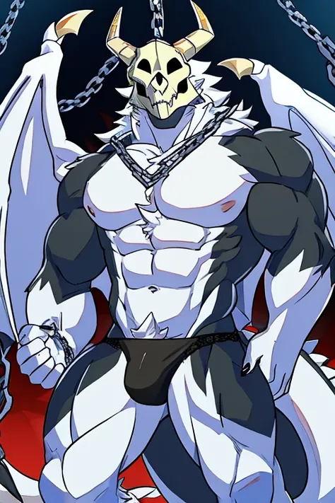 lobo, White fur, muscular, skull mask, with bones in the torso, dragon wings, black panties , with dragon tail, with a chain 