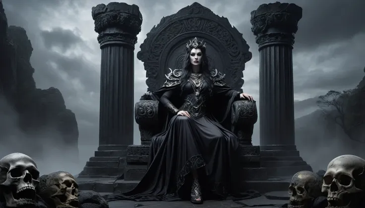 Hades, the god of the underworld, imposing and serious-looking, sits on a black stone throne adorned with intricate carvings of skulls and serpents. Beside him, Persephone, in a dark, elegant dress, has a serene and majestic expression. The background is a...