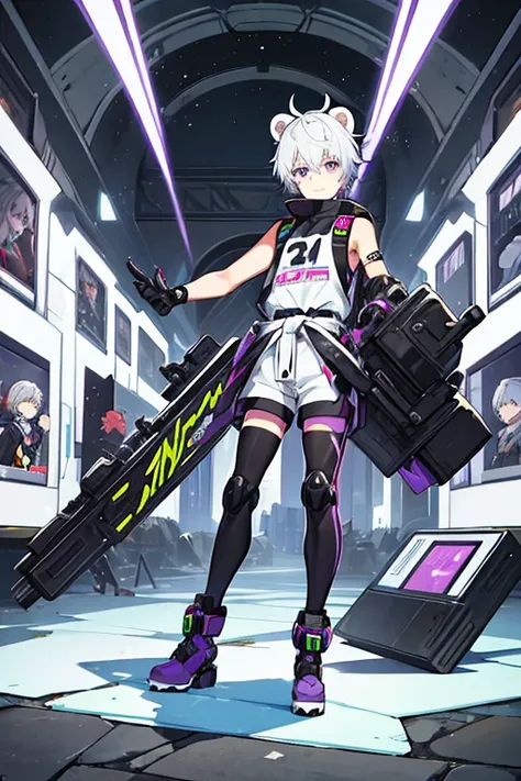 man, gay, short white hair bear ears,purple eyes, motocross goggles , with robotic left arm, black sleeveless shirt, Morados shorts, long tights, with a sweater around my waist, long black gloves, black boots, with a spiked collar