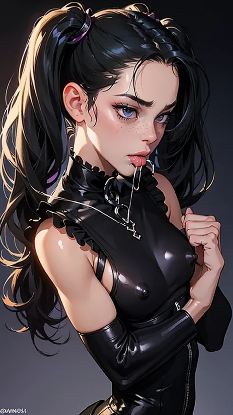 18 years old, black twintails, goth, 1twink,1femboy, cute, perky nipples, (big lips:0.7), smug, dramatic lighting, freckles, [glowing hair], from side, high angle, close up, saliva, kissing ,tongue, ((spit in mouth)),, femboy spit in mouth
