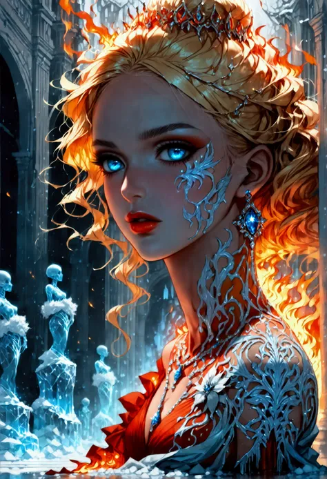 a glamour picture shot, of an elite model covered in fire walking on a icy catwalk, an extraordinary glamourous elite female model, ((full body: 1.5)),  ((anatomically correct: 1.5), (ultra detailed face: 1.2), best detailed face, blond hair, long hair, lu...