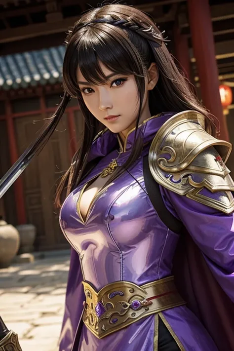 Close-up of a woman in armor and purple cloak, Koei Tecmo, Zhao Yun, China&#39;Three Kingdoms, Bianlian, Genghis Khan, Feng Shui, ponytail, Xianxia Hero, Chinaの戦士,