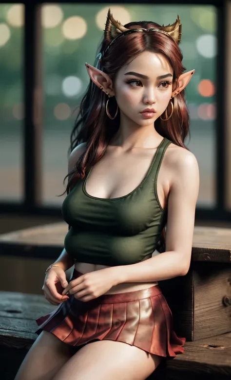 (masterpiece), (extremely intricate:1.3), (realistic), portrait of an Asian girl, (elf ears:1.2), small and perfect breasts, the most beautiful in the world, extra breasts, dark eyebrows, wavy red hair, doe eyes, (wearing tank top:1.1), skirt, slim, detail...