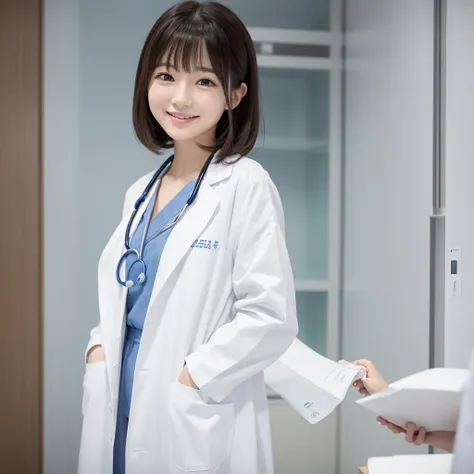 Wearing a white coat、Holding a stethoscope、With fair skin、The bangs are see-through、Her hair is semi-long and down.、A cute and beautiful Japanese female doctor smiles.、Create an original avatar on a white background。