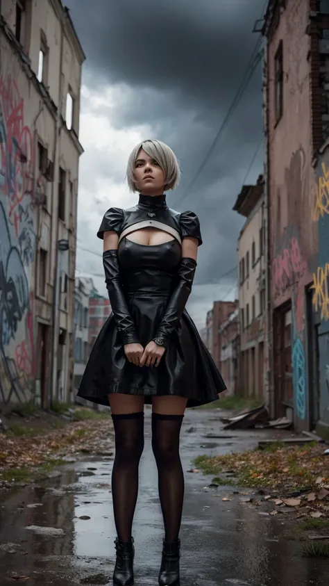 2b Nier automata sits on his knees in an abandoned Russian city against the background of a wall with graffiti, autumn rain, gray clouds 