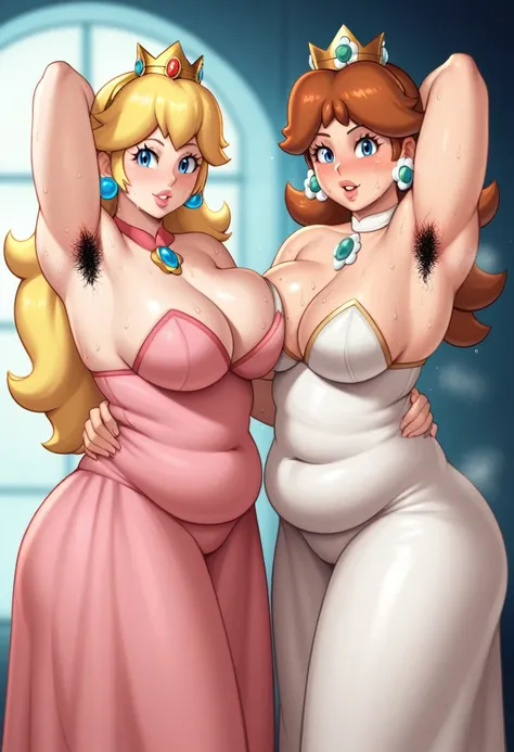 Two women standing side by side facing forward,(( Stand in line)),Full color images, ((Standing posture)),Hands on hips, (Princess Peach:2),(Princess Daisy:2),Favorite scene,Stuffy stuffiness,sweating,Super huge ,armpit showing pose,Sweat dripping, Sweat m...