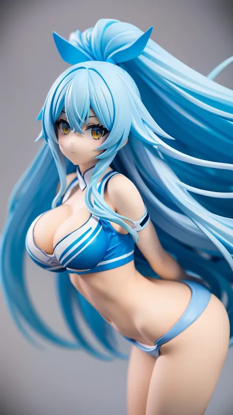 Light blue hair,Long hair down to the waist,Cheerleader showing cleavage,Yellow Eyes,Big Tits