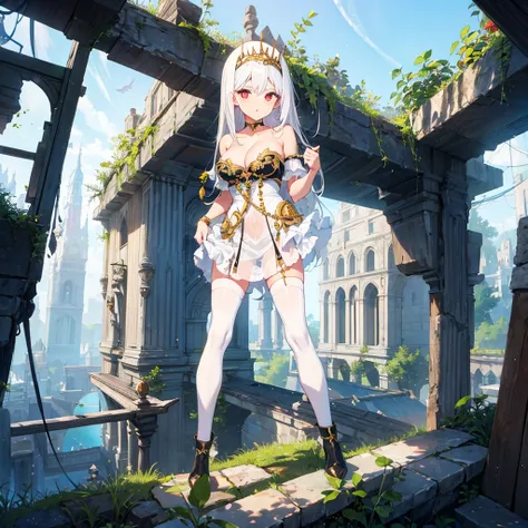 solo, standing skinny girl, long white hair, frilled white sheer dress, white thighhighs, BREAK, red eyes, BREAK, golden tiaras, BREAK, large breasts, cleavage, collarbone