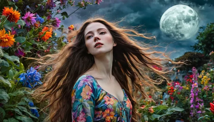 best quality, highres, ultra-detailed, realistic, pale-skinned woman with long flowing hair, elaborately painted with oil colors, posing gracefully in a surreal garden, surrounded by vibrant and colorful flowers and plants, with a dark and ominous sky over...