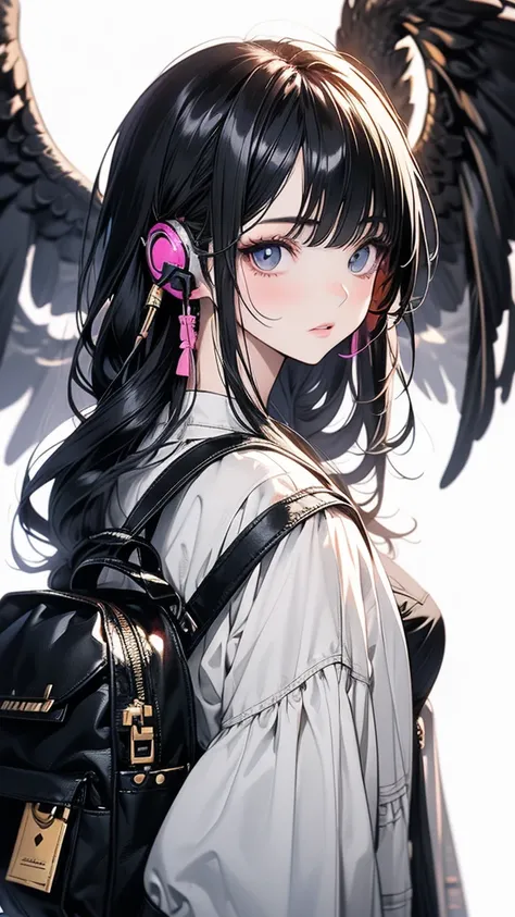 Anime girl with headphones and backpack looking at cell phone, Anime Style 4 k, (Very delicate and beautiful face), (Beautiful eyes in every detail), Digital anime art, Nightcore, Digital anime illustration, Anime Styled digital art, anime art wallpaper 4k...