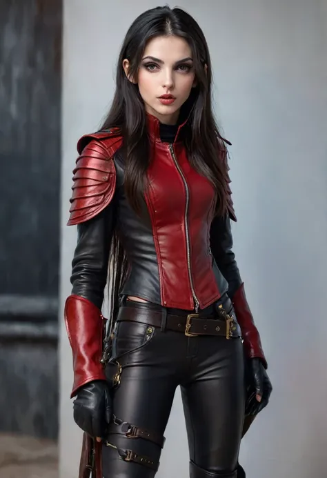 full body portrait of petit, small, skinny caucasian woman Female assassin with long black hair, delicate facial features, big eyes, rosy cheeks, full lips. She is wearing a red leather armor, with matching red leather combat boots, and soft black skin tig...