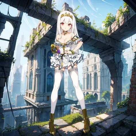 solo, standing skinny girl, long white hair, frilled white sheer dress, very short dress, white thighhighs, BREAK, red eyes, BREAK, golden tiaras, BREAK, large breasts, cleavage, collarbone, BREAK, skinny long legs, thigh gap