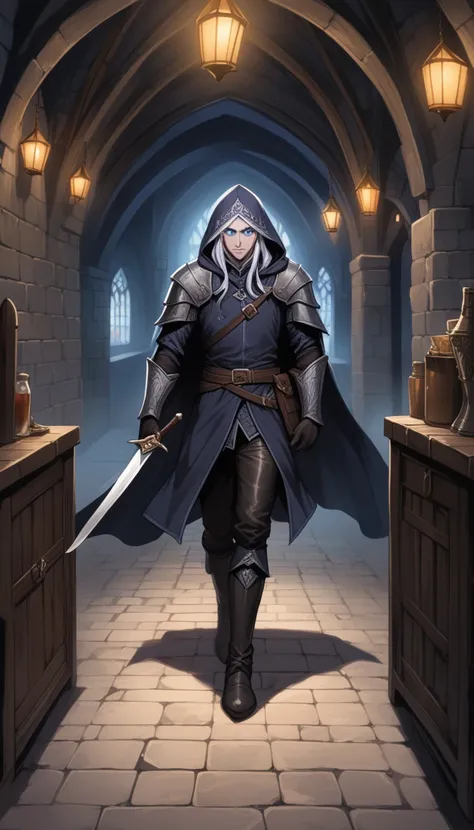 (1man, male, solo, Elf, Drow), (athletics, disgust face expression), (silver straight hair, long haircut), 
(Dungeons and Dragons, character), (Assassin), (walking), 
(medieval royal black jacket, medieval royal black cape and hood, royal black leather pan...