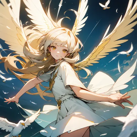 (masterpiece, top quality, best quality, official art, beautiful), Extreme Detail, female, long hair, with bangs, yellow eyes, white dress, white skirt, sky, birds, feathers, halo, wings, aura, thelema symbol 