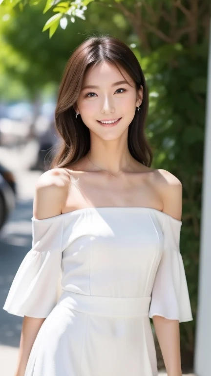 Female model, body not facing camera, only eyes looking at camera, relaxed confident smile, elegant posture, white off-shoulder or low neckline summer outfit, natural hand position