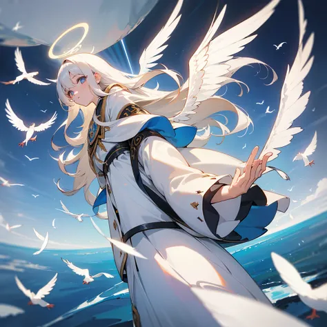 (masterpiece, top quality, best quality, official art, beautiful), Extreme Detail, female, long hair, with bangs, one eye covered, white dress, white skirt, thelema symbol, sky, birds, feathers, halo, wings, aura, all seeing eye 