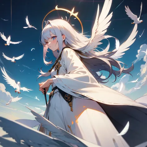 (masterpiece, top quality, best quality, official art, beautiful), Extreme Detail, female, long hair, with bangs, one eye covered, white dress, white skirt, thelema symbol, sky, birds, feathers, halo, wings, aura, all seeing eye 