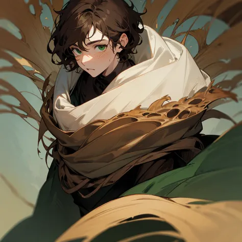 a boy with wavy chocolate brown hair, green eyes, and freckled pale skin, wearing a wooden mask covering the upper half of his face, a cloak made of dried leaves, and tattered clothes