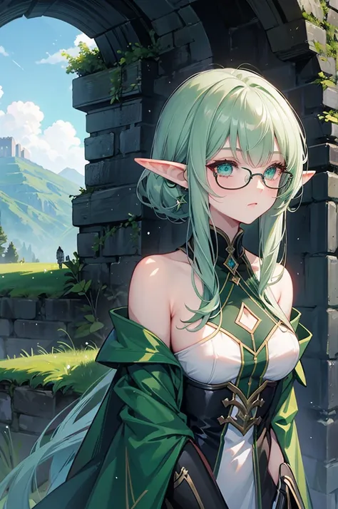 Fortress Scenery,Green black layer,elf ear,girl ,galaxy eyes color,fortress scenery,,virtual eyes glasses,naked,sex