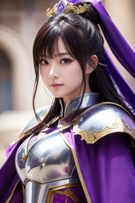 close-up of a woman in armor and a purple cape, koei tecmo, zhao yun, china&#39;three kingdoms, bianlian, genghis khan, feng shu...