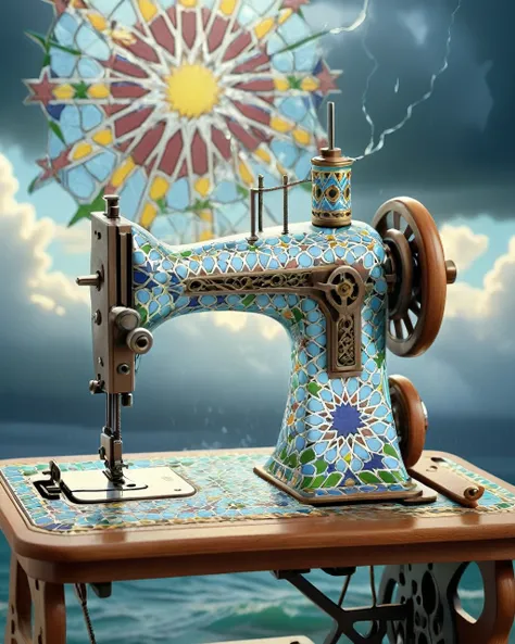 made of moroccan mosaic print, concept art, (cyan theme:0.7) , characteristic sewing machine, stormy weather, deep focus, sun ra...