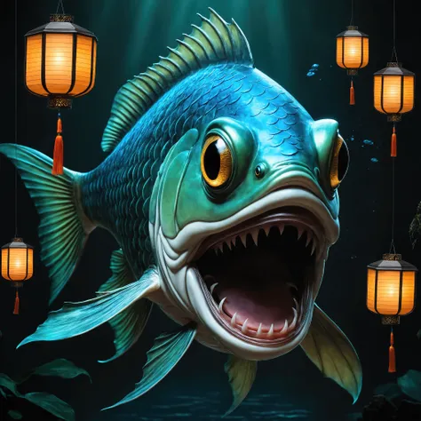 Green Scales、Blue Fin、black eye、Ghostly fish with a fanged mouth, Eerie floating lanterns, masterpiece, Highest quality