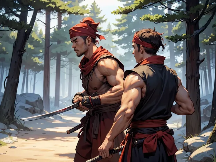 Prompts Txt2Img Um samurai musculoso, with a red bandana on his head and carries two katanas, one in each hand in the forest.