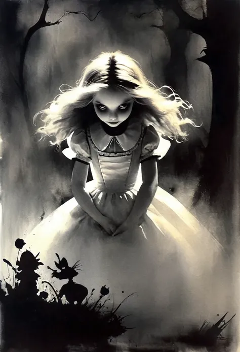 Alice in Wonderland in the style of Ashley Wood. Stephen Gammell. Frank Frazetta. masterpiece. Best quality. A beautiful cinematic impressionistic painting. Dark times, gothic. Chiaroscuro.
