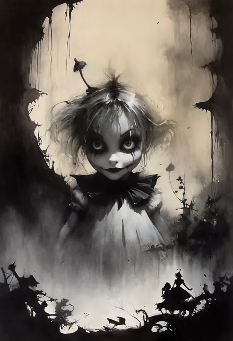 Alice in Wonderland in the style of Ashley Wood. Stephen Gammell. Frank Frazetta. masterpiece. Best quality. A beautiful cinematic impressionistic painting. Dark times, gothic. Chiaroscuro.
