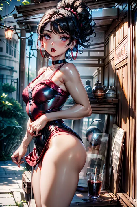 (8k hdr photorealistic pic), betty boop, short, althetic form, curvy lady, ((tight little red dress:1.2)), dark eyebrows, ((blus...