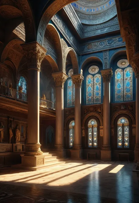 a greek-roman style temple, ornate architecture, detailed columns, intricate carvings, dramatic lighting, glowing stained glass windows, flowing robed figures, serene religious atmosphere, fantasy slavic mythology, ethereal and mystical ambiance, (best qua...