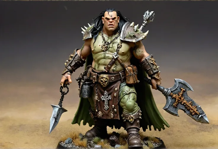 A 40ish man devotee of Warhammer chaos god Nurgle, (bedraggled, black hair, brown eyes, dirty and dingy, european features, dirty worn clothing, tabard with christian markings, obvious chaos tain assorted holy symbol necklaces dagger and mace on belt) walk...