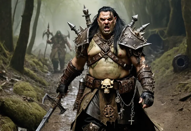 A 40ish man devotee of Warhammer chaos god Nurgle, (bedraggled, black hair, brown eyes, dirty and dingy, european features, dirty worn clothing, tabard with christian markings, obvious chaos tain assorted holy symbol necklaces dagger and mace on belt) walk...