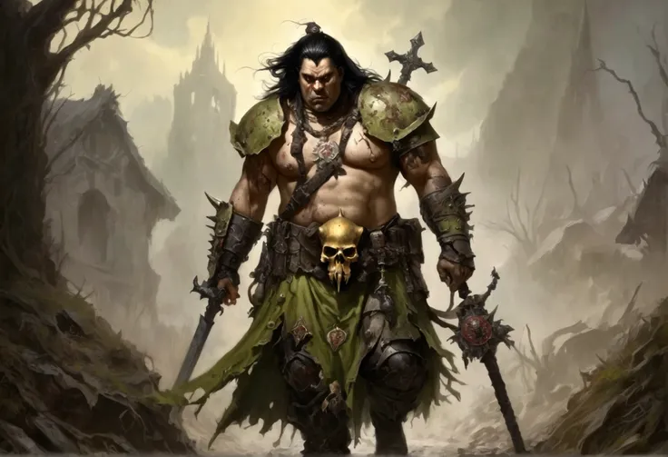 A 40ish man devotee of Warhammer chaos god Nurgle, (bedraggled, black hair, brown eyes, dirty and dingy, european features, dirty worn clothing, tabard with christian markings, obvious chaos tain assorted holy symbol necklaces dagger and mace on belt) walk...