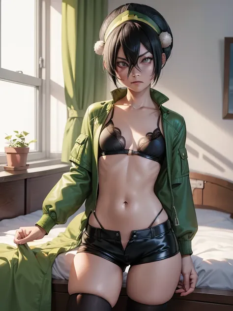 absurdres, highres, ultra detailed, toph beifong , disappointed angry  face , solo , gren jacket, open clothes,  bra , flat ches...