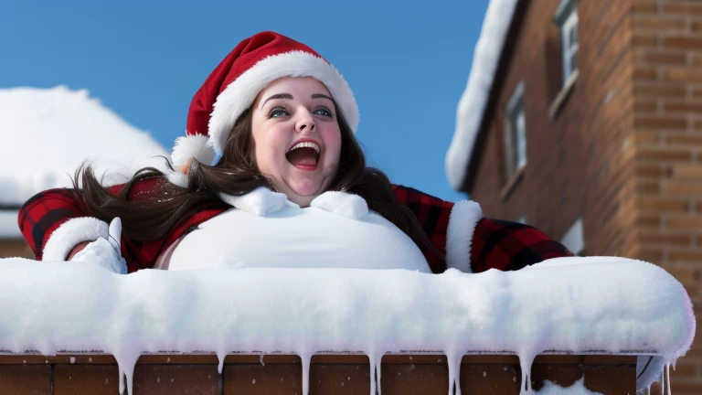 1girl, fat ssbbw British santa girl, stuck in chimney, rooftop, snow, solo, large breasts, laughing, struggling, highres, absurdres, she is being lifted out by her girlfriends, she is fully clothed, sfw