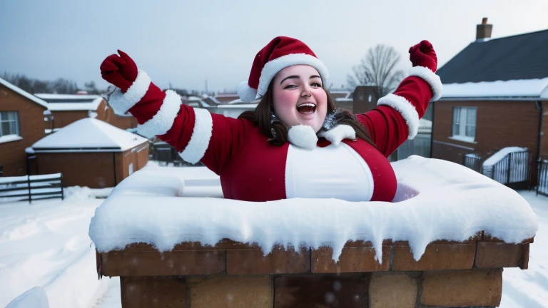 1girl, fat ssbbw British santa girl, stuck in chimney, rooftop, snow, solo, large breasts, laughing, struggling, highres, absurdres, she is being lifted out by her girlfriends, she is fully clothed, sfw