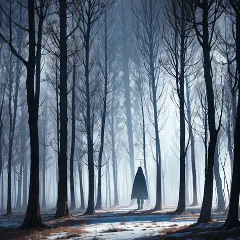 bosque nevado en una oscuridad inmensa que you just seen algunos arboles mientras se anda por un pequeño sendero, you just see, too dark, with a figure in the distance, at night, I&#39;m terrified, no lighting,