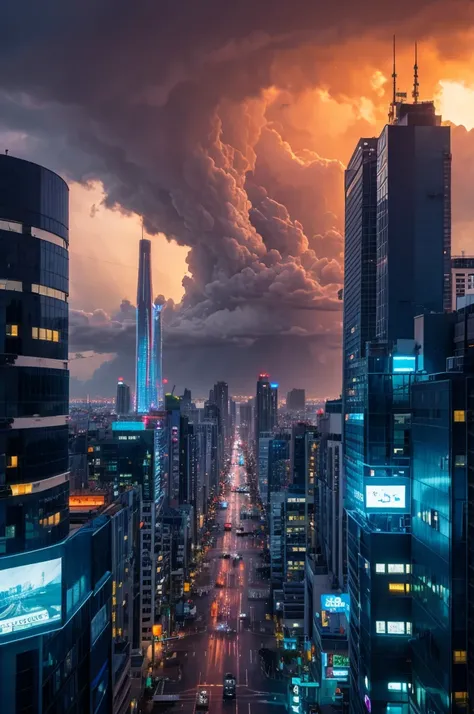 Sci-fi city surrounded by storm clouds at sunset  (retrotide:1) 