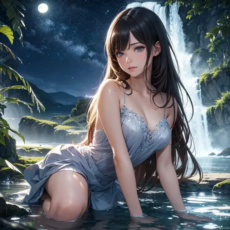 Best quality, ultra high resolution, (photorealistic:1.4), Moonlight falls on the girl&#39;s face ,the girl&#39;s arms are spread apart ,a cave, Midnight, draw up, wide angle,moonlight is clearly visible, a girl stands on a hill inside a cave, in the place...